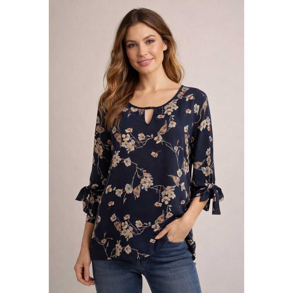 Creative Commune Floral Bird Blouse Tie Sleeve Keyhole Top L Boho Boutique